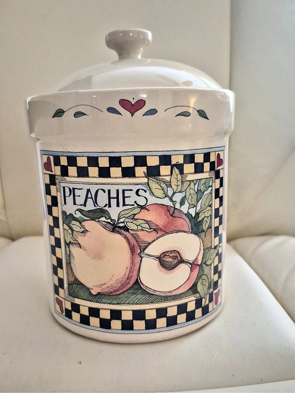 Vintage Susan Winget Checkerboard Farms Peaches Canister, White & Blue